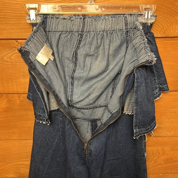 JOA Los Angeles Womens Strapless Blue Denim Jumpsuit  Wide Leg Cropped Frayed XS - Picture 7 of 11